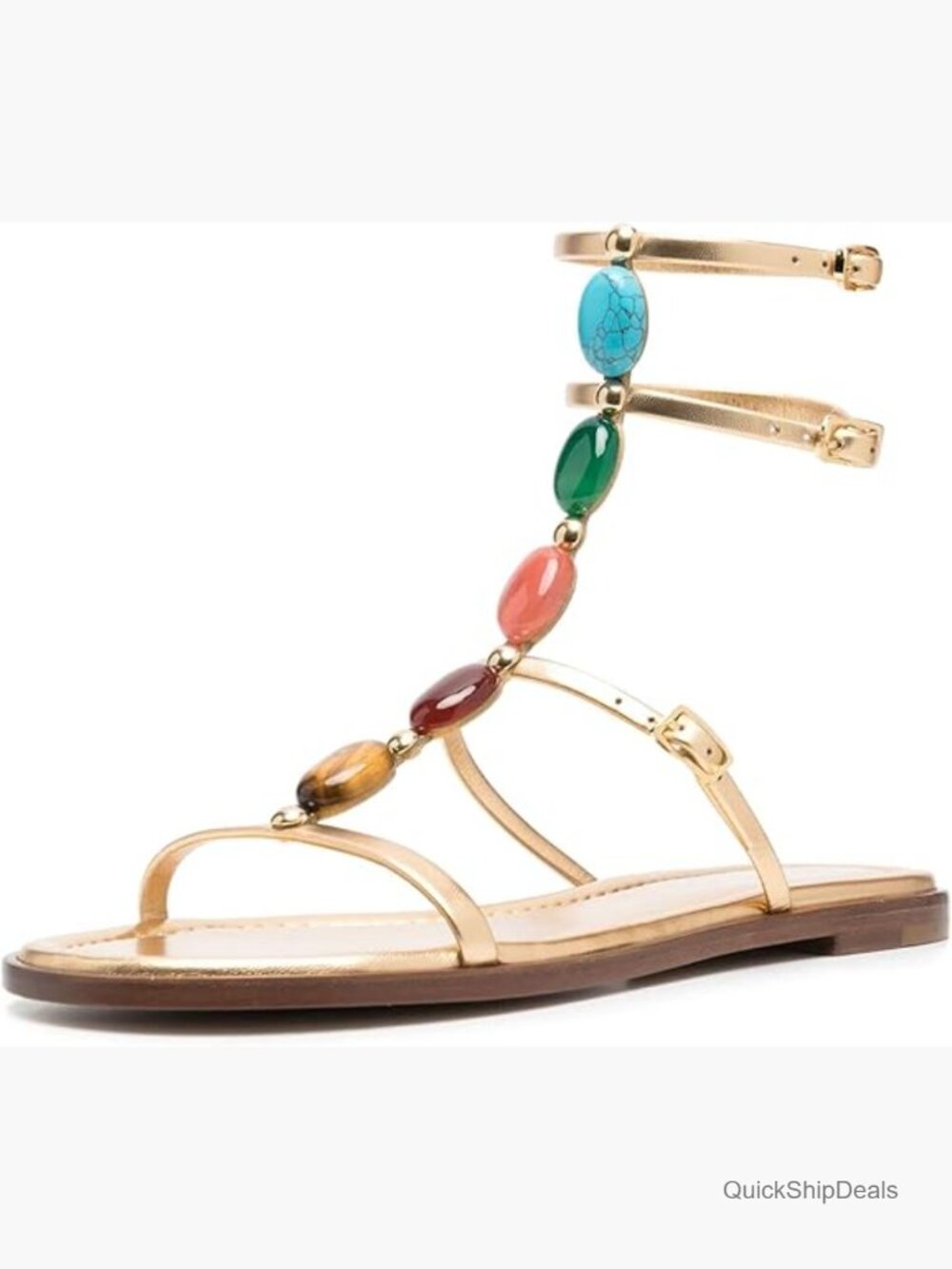 Faux Leather Gladiator Flat Sandals with Gemstone Embellishments T-Strap - Picture 1 of 7